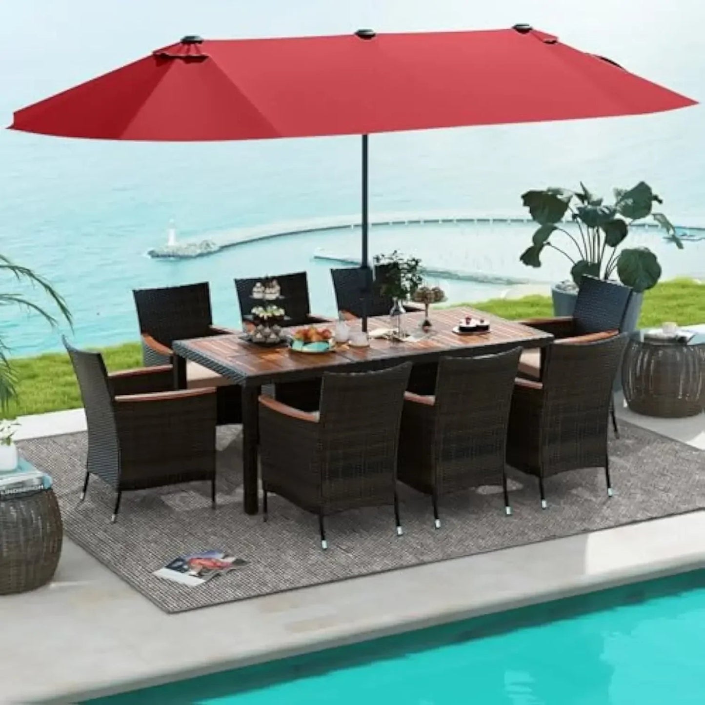 Acacia Wood Rattan Dining Set