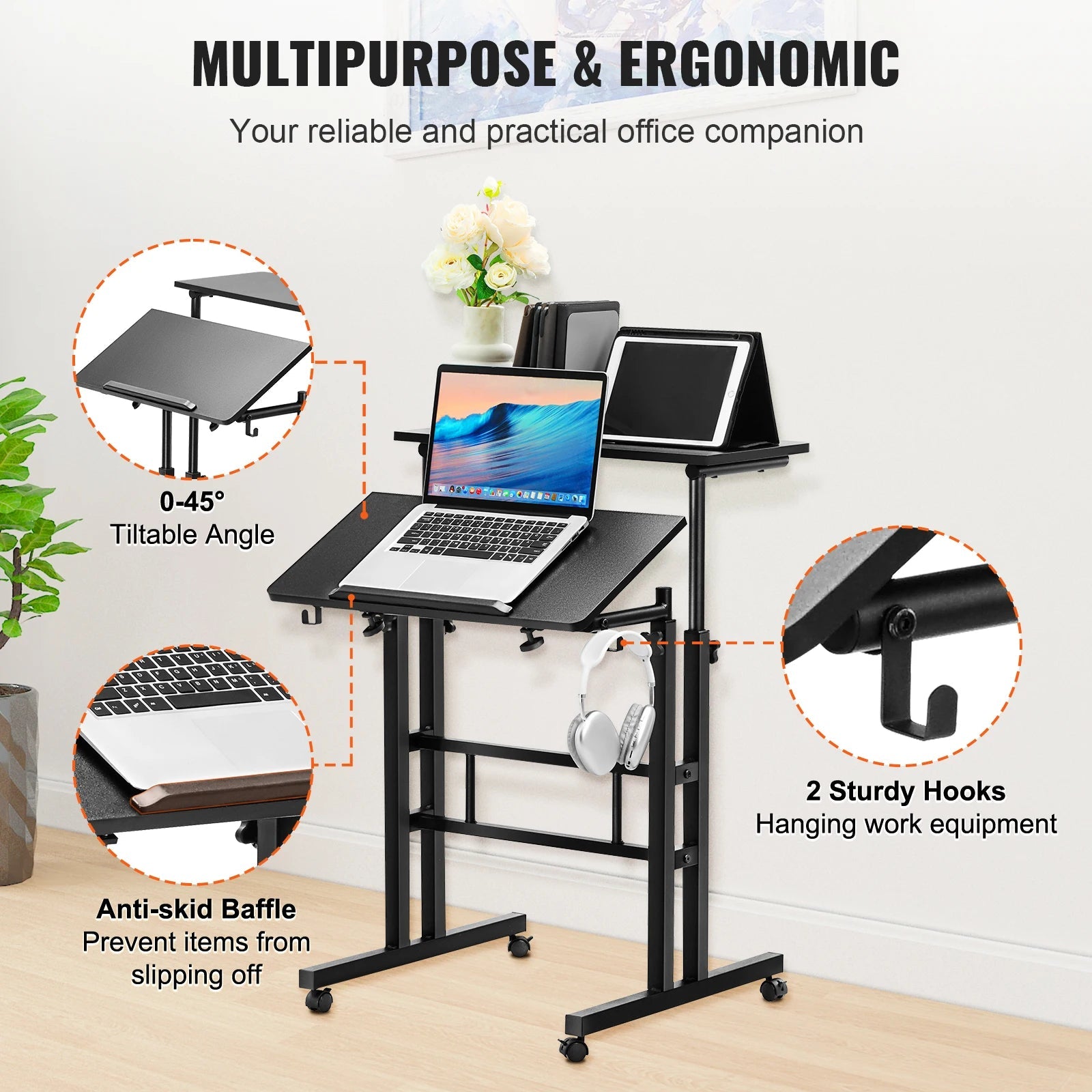 Adjustable Rolling Sit-Stand Desk 24"-45"