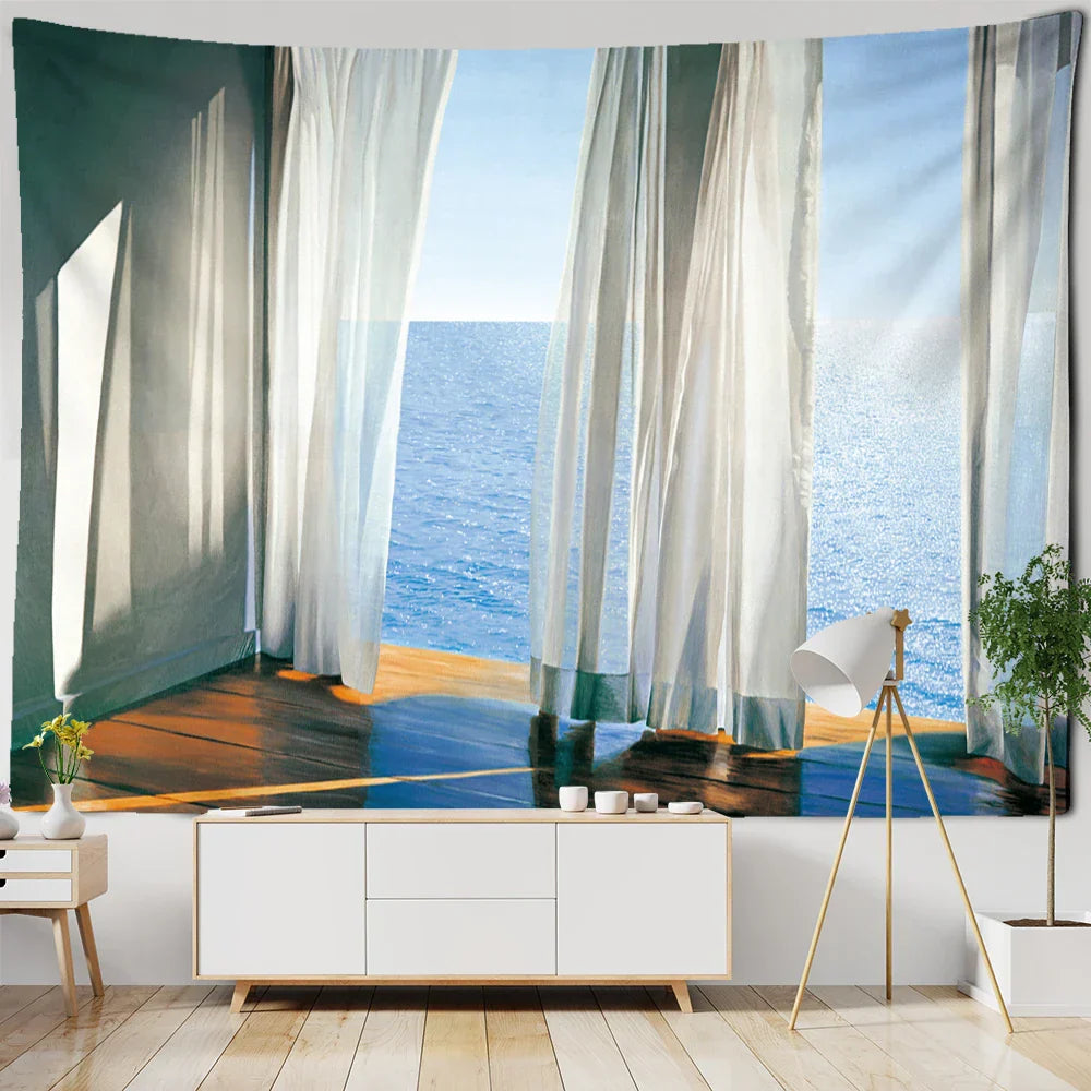 Decobites Seaside Landscape Painting Tapestry Wall Hanging for Bohemian Living Room