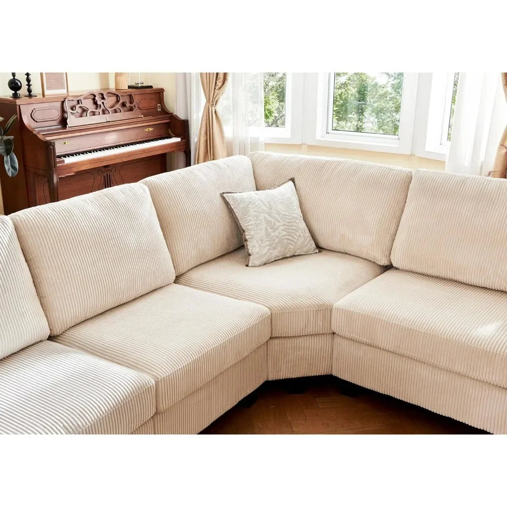 Beige Corduroy U-Shaped Sectional Sofa