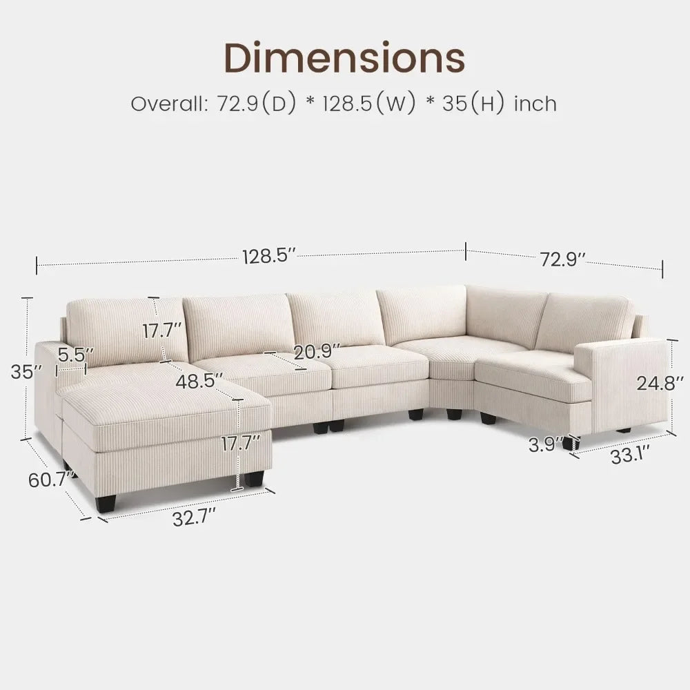 Beige Corduroy U-Shaped Sectional Sofa