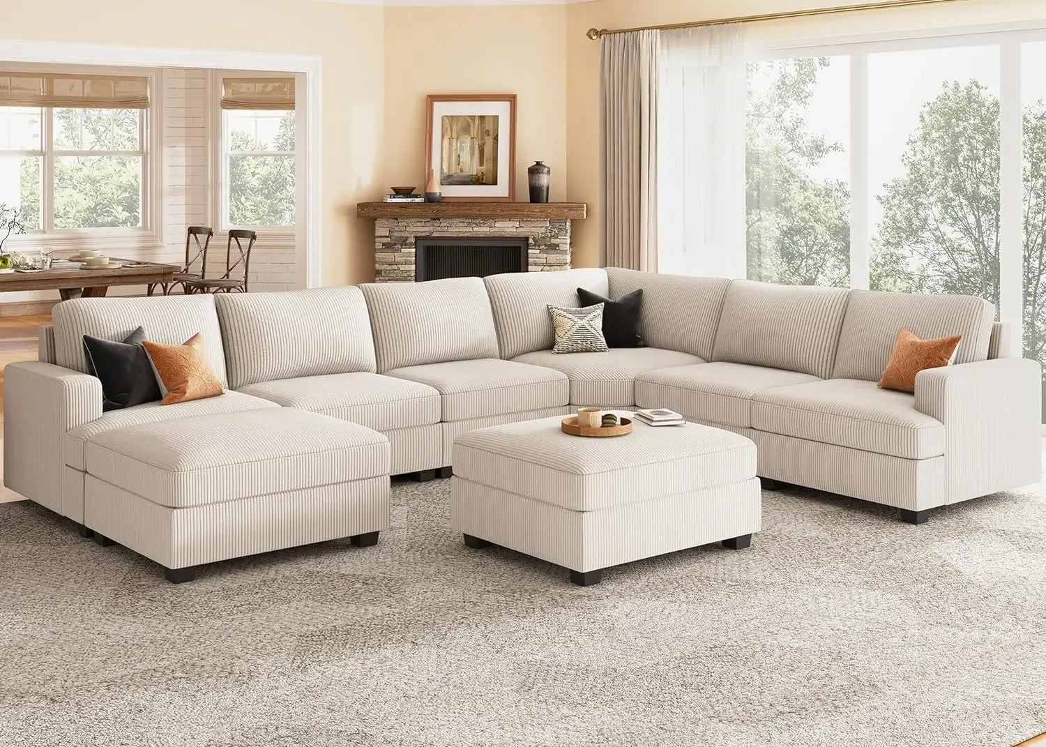 Beige Corduroy U-Shaped Sectional Sofa