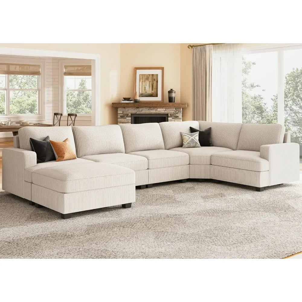 Beige Corduroy U-Shaped Sectional Sofa