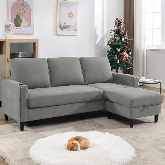 Beige Velvet L-Shaped Sectional Sofa with Ottoman