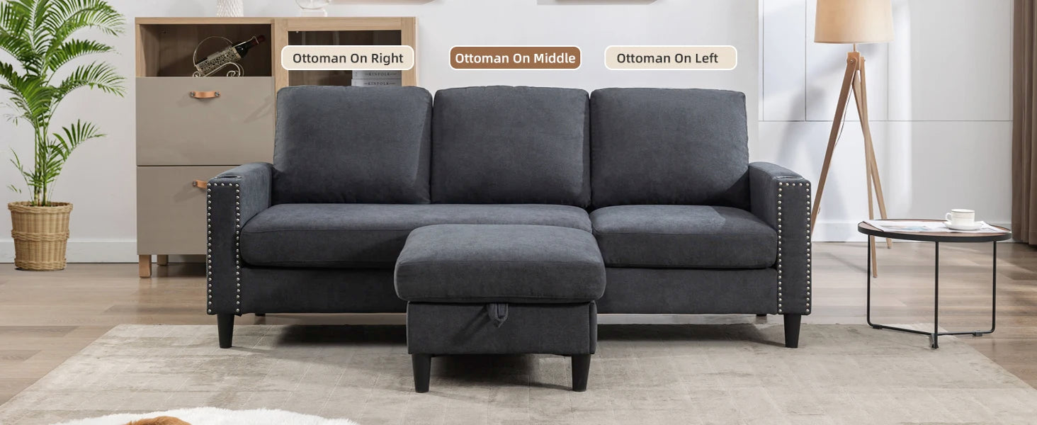 Beige Velvet L-Shaped Sectional Sofa with Ottoman