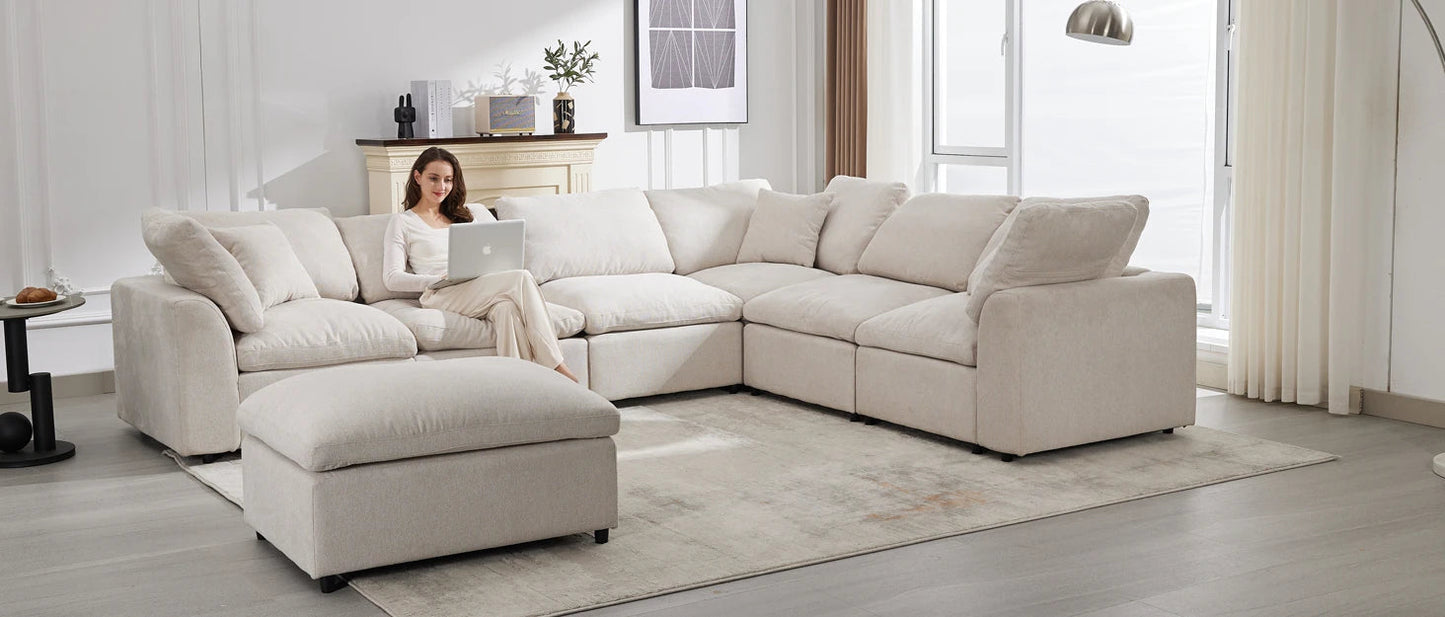 Beige Velvet L-Shaped Sectional Sofa with Ottoman