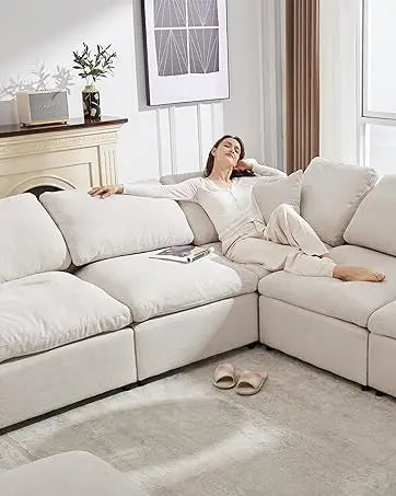 Beige Velvet L-Shaped Sectional Sofa with Ottoman