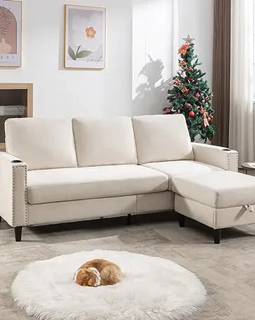 Beige Velvet L-Shaped Sectional Sofa with Ottoman