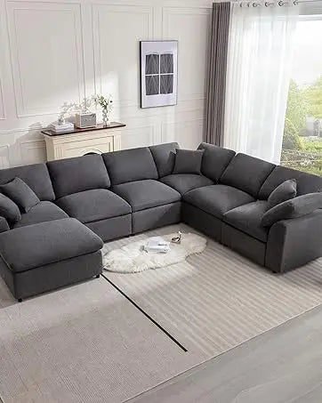 Beige Velvet L-Shaped Sectional Sofa with Ottoman