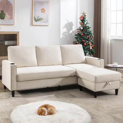 Beige Velvet L-Shaped Sectional Sofa with Ottoman