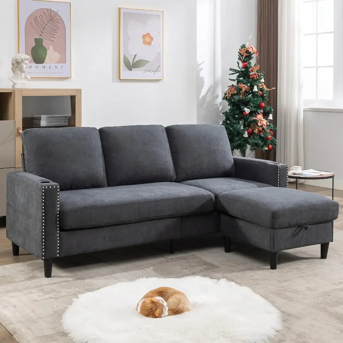 Beige Velvet L-Shaped Sectional Sofa with Ottoman