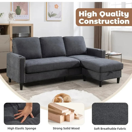 Beige Velvet L-Shaped Sectional Sofa with Ottoman