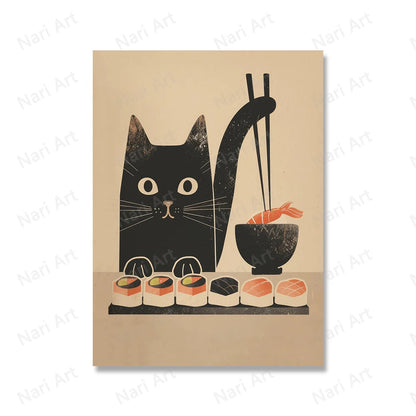 Black Cat Sushi Chef Wall Art