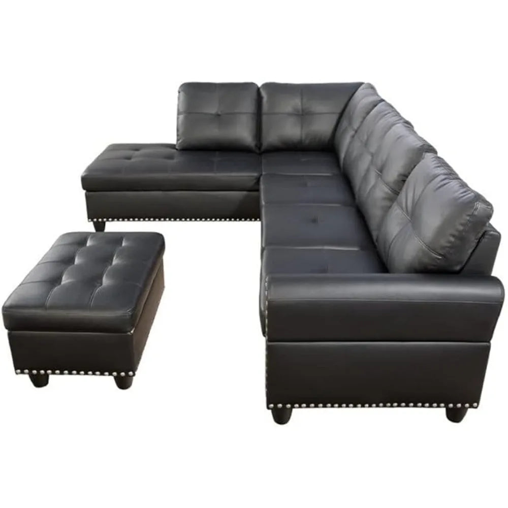 Black L-Shaped PU Leather Sofa