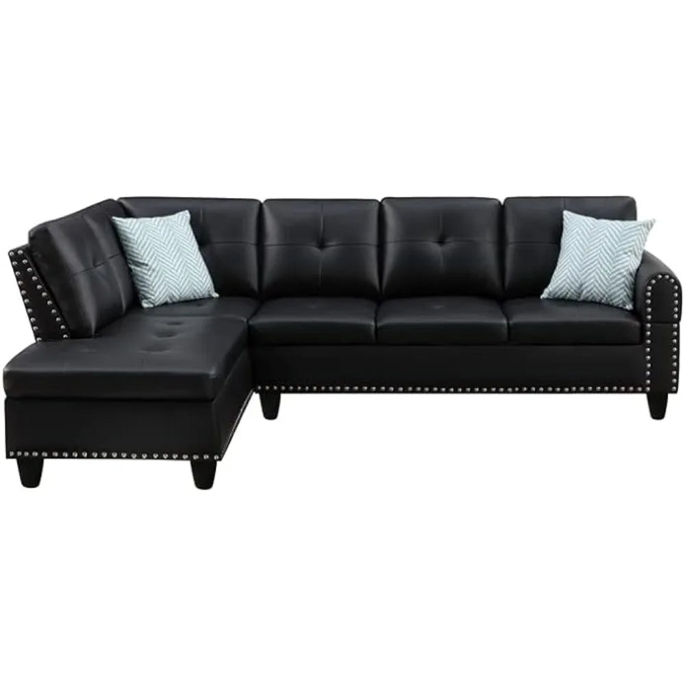 Black L-Shaped PU Leather Sofa