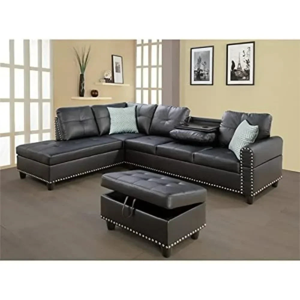 Black L-Shaped PU Leather Sofa