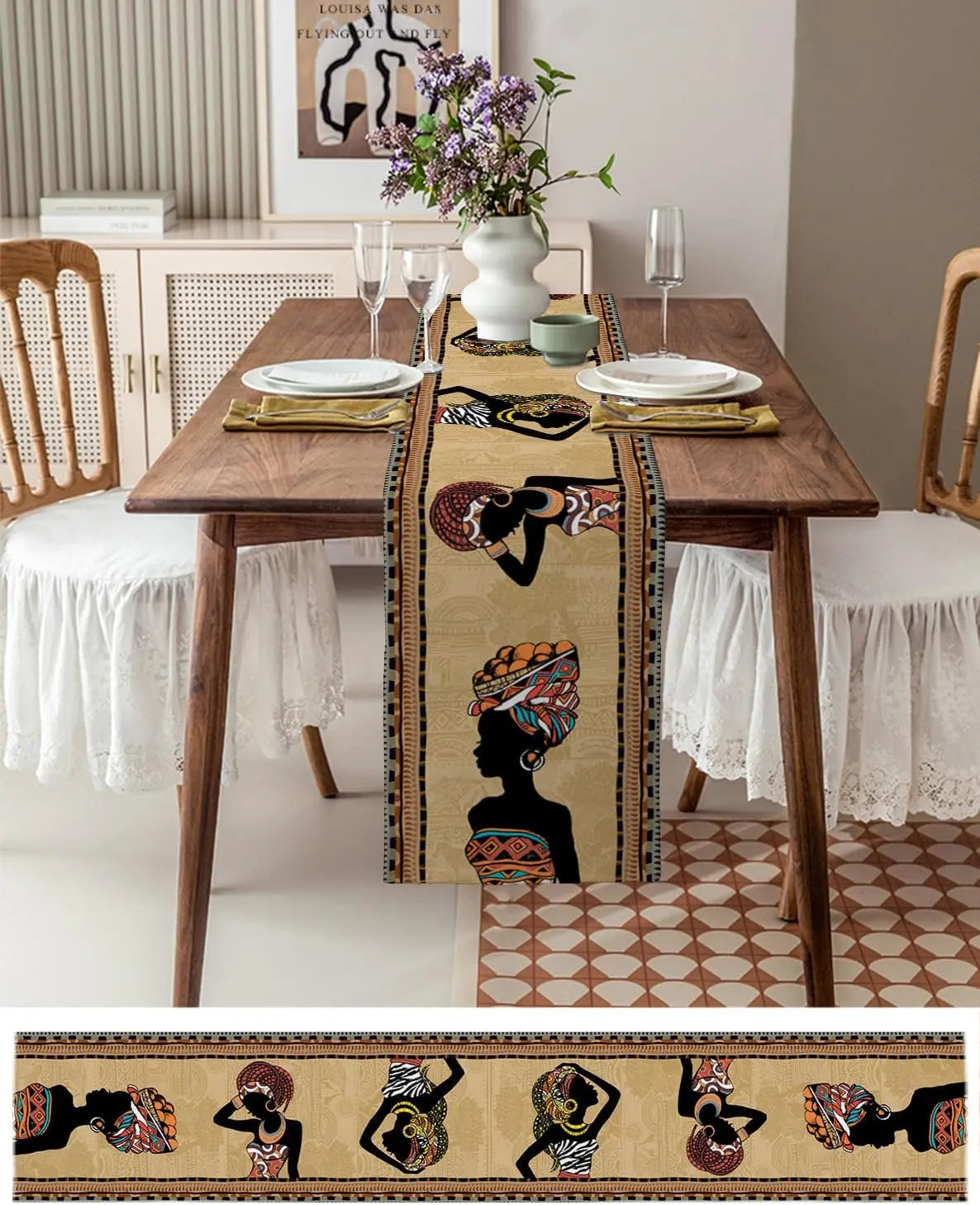 Boho African Woman Linen Table Runner