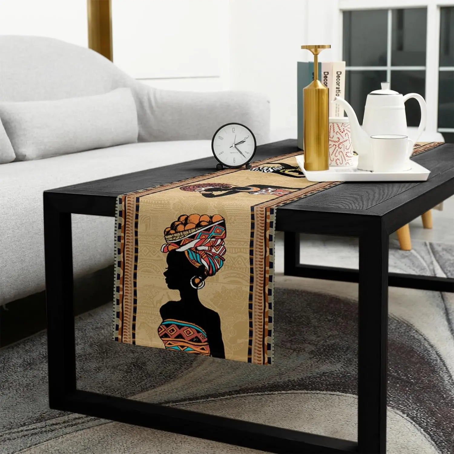 Boho African Woman Linen Table Runner