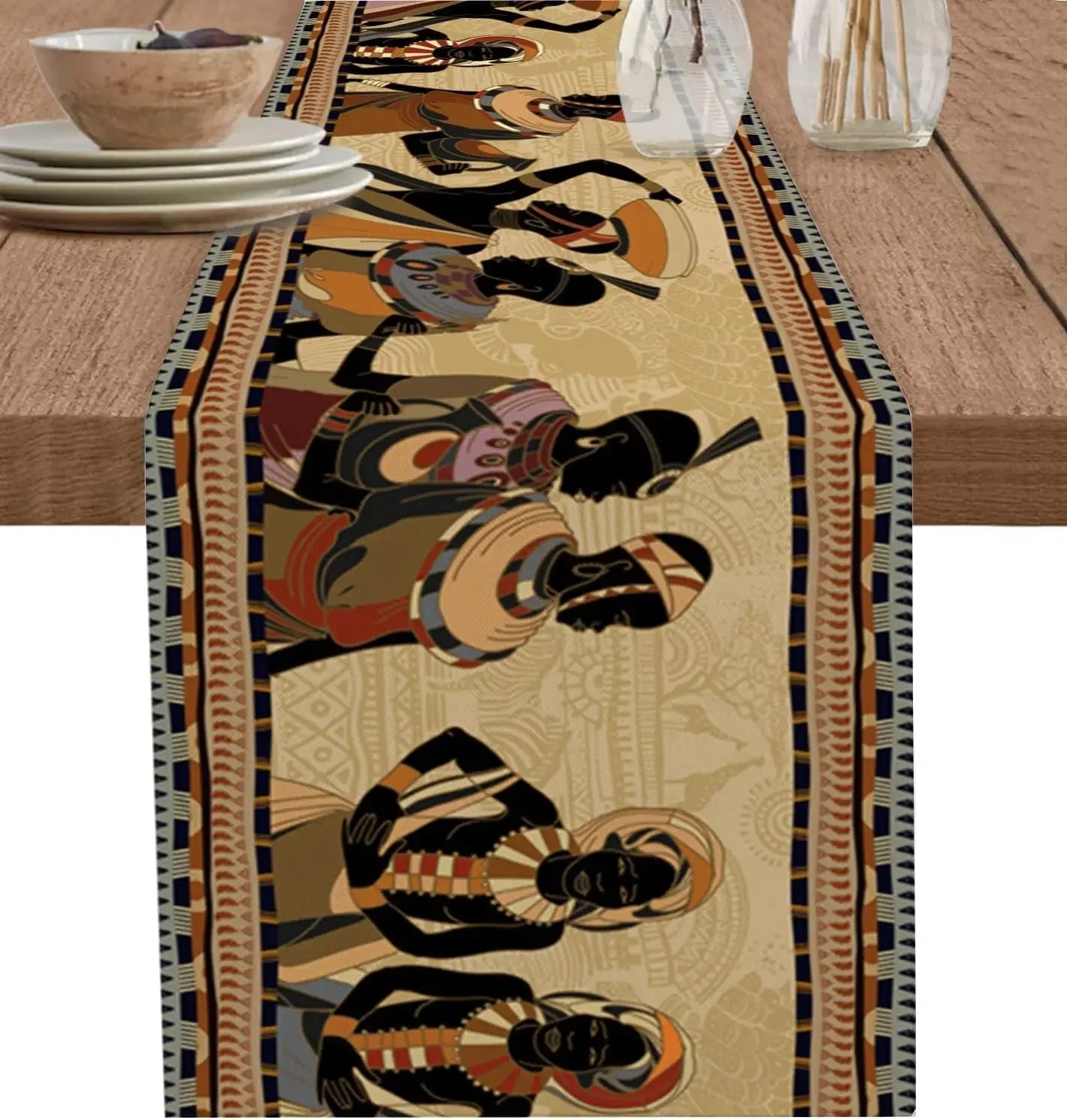 Boho African Woman Linen Table Runner