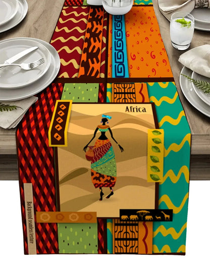 Boho African Woman Linen Table Runner