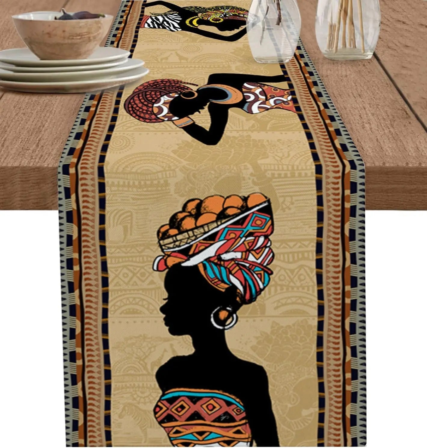 Boho African Woman Linen Table Runner