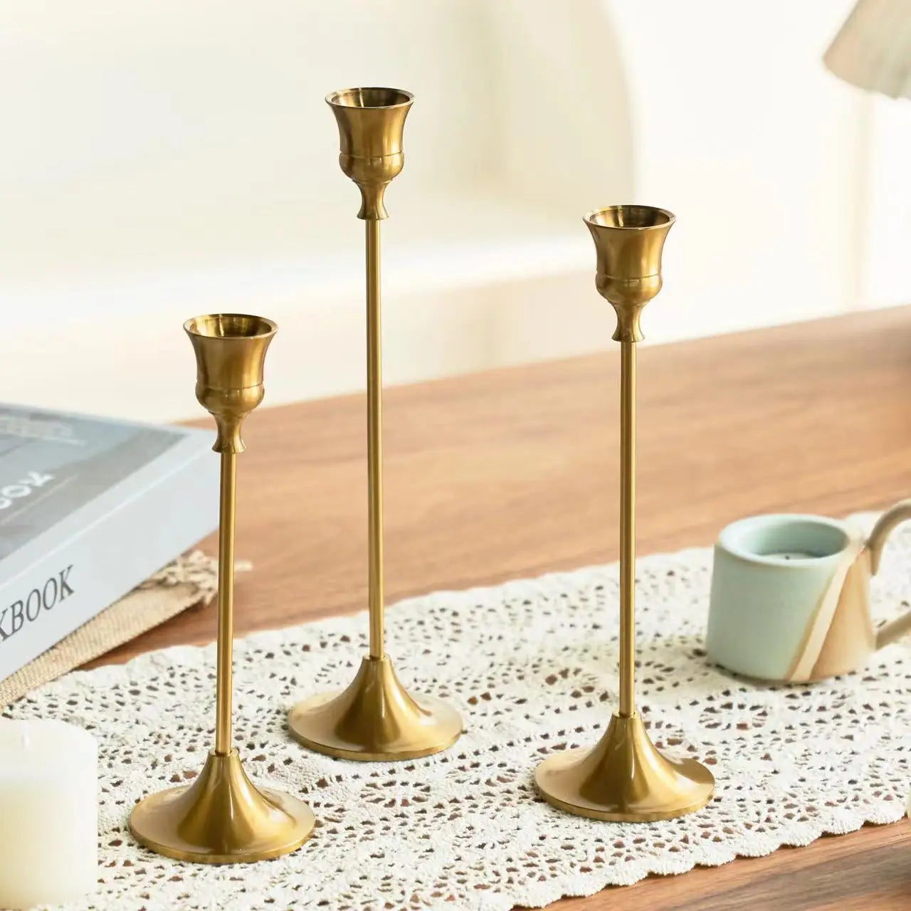 Brass Gold 3pc Candlestick Holder Set