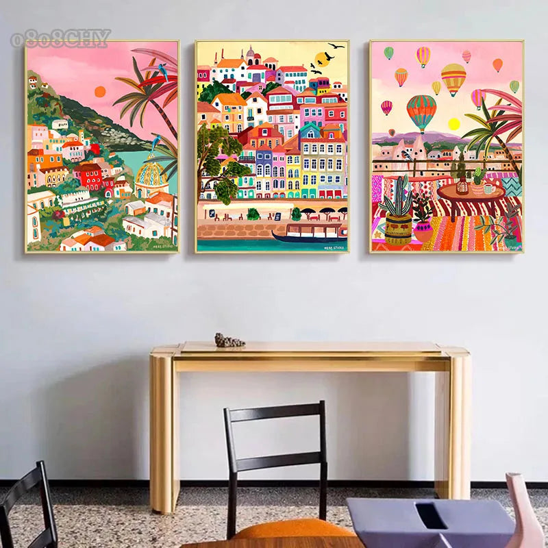 Colourful Mountain City Canvas Art