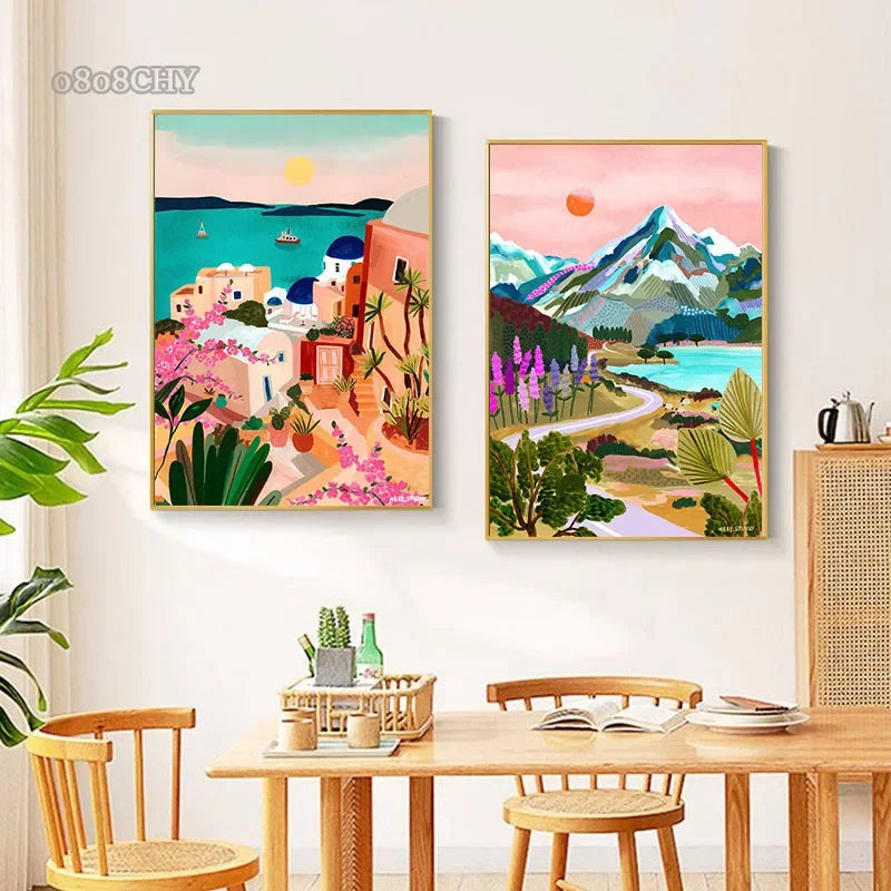 Colourful Mountain City Canvas Art