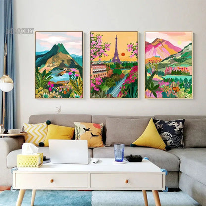 Colourful Mountain City Canvas Art