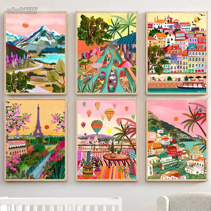 Colourful Mountain City Canvas Art