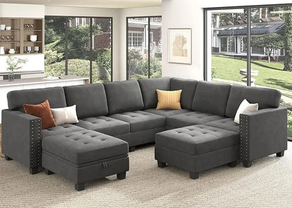 Dark Blue Velvet Modular Sectional Sofa