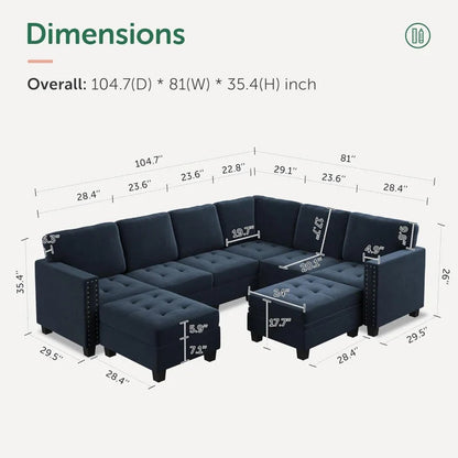 Dark Blue Velvet Modular Sectional Sofa