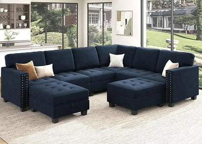 Dark Blue Velvet Modular Sectional Sofa