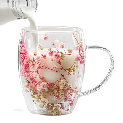 Dried Flowers Double Wall Glass Mug