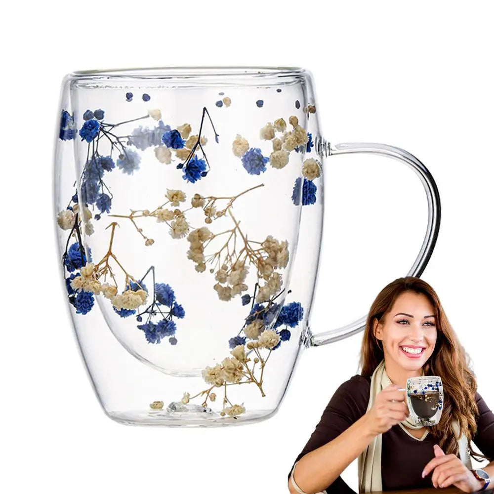 Dried Flowers Double Wall Glass Mug