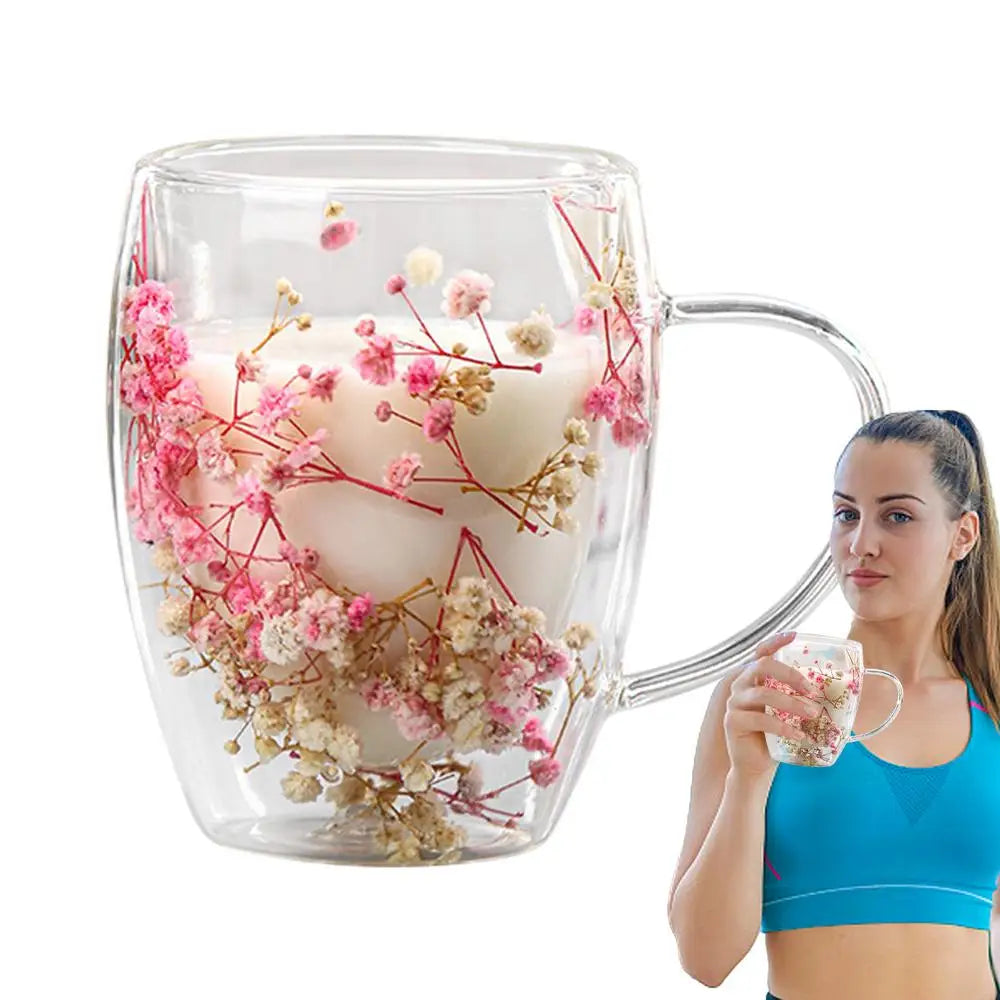 Dried Flowers Double Wall Glass Mug