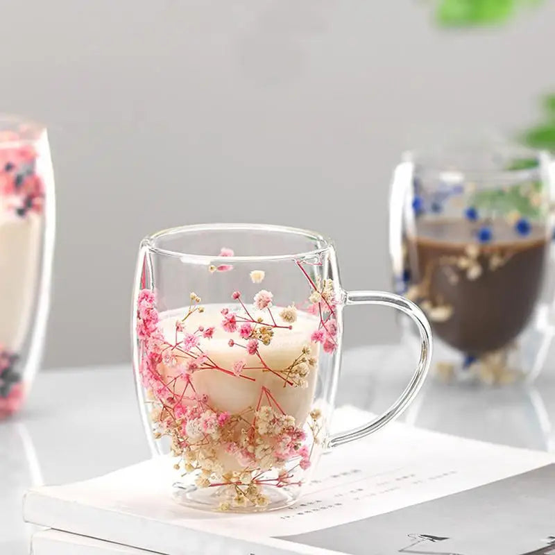 Dried Flowers Double Wall Glass Mug