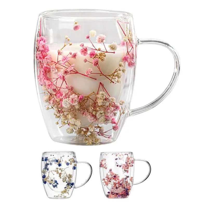 Dried Flowers Double Wall Glass Mug