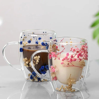 Dried Flowers Double Wall Glass Mug