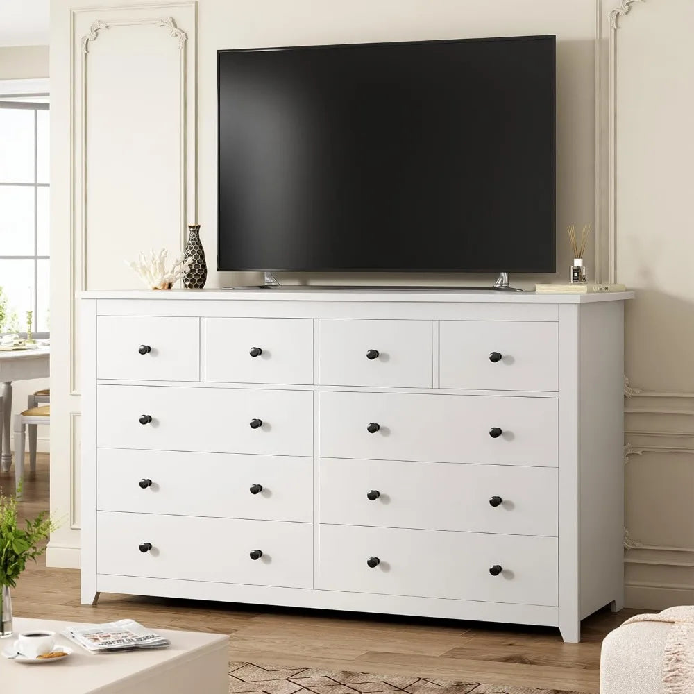 Elegant White Wooden 10-Drawer Dresser