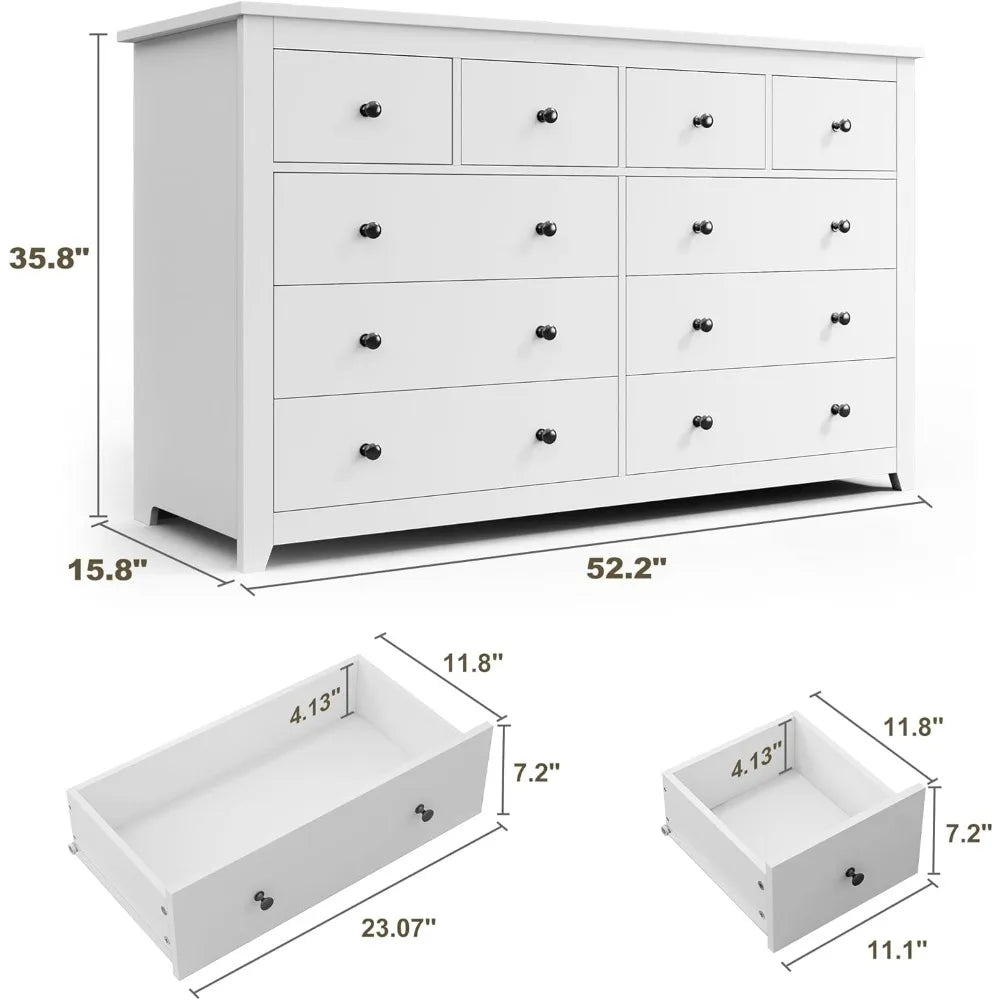 Elegant White Wooden 10-Drawer Dresser