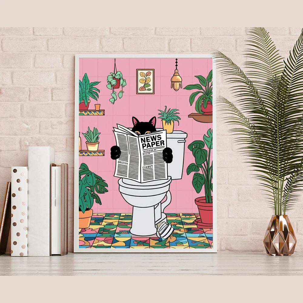 Funny Black Cat Bathroom Art Print