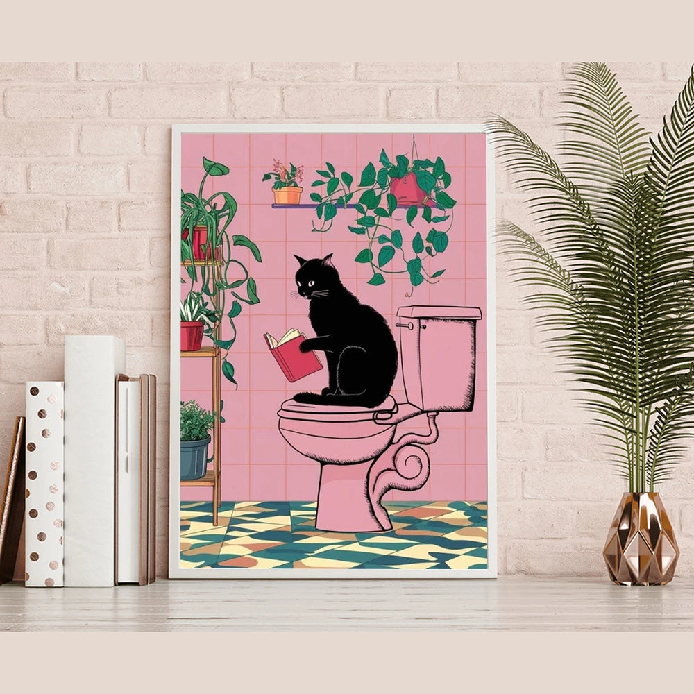 Funny Black Cat Bathroom Art Print