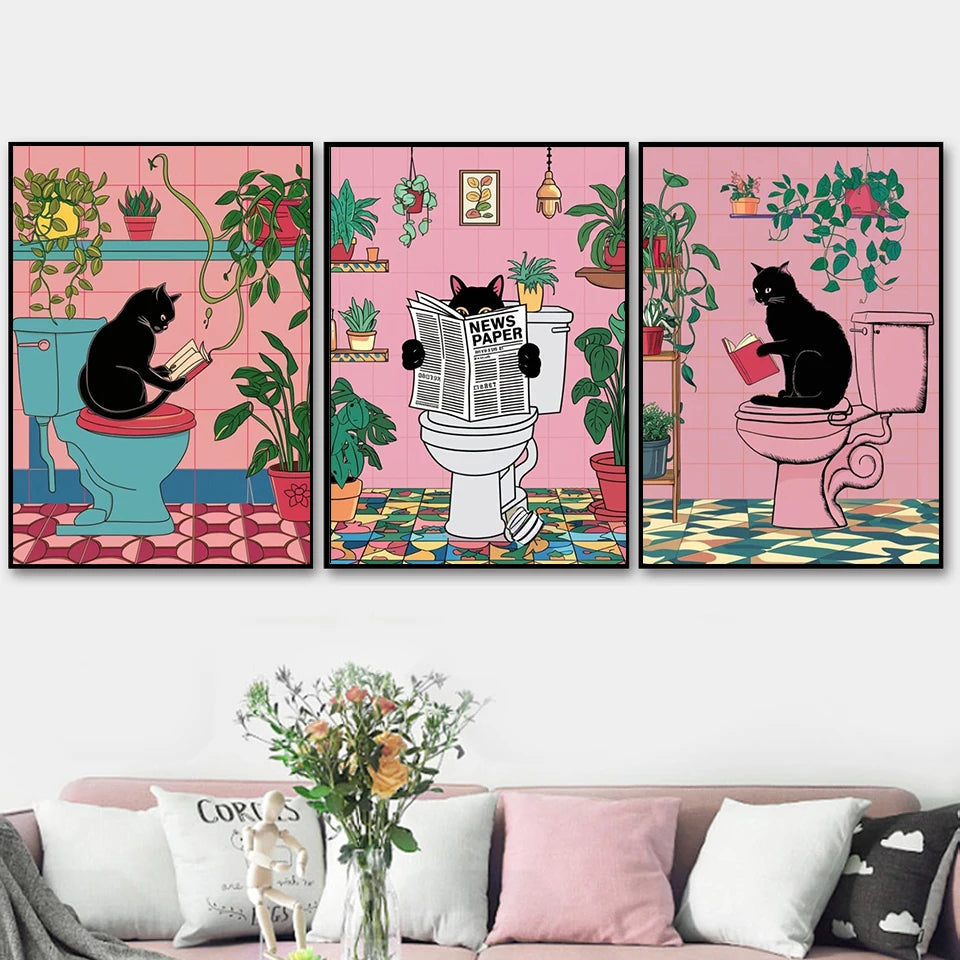 Funny Black Cat Bathroom Art Print