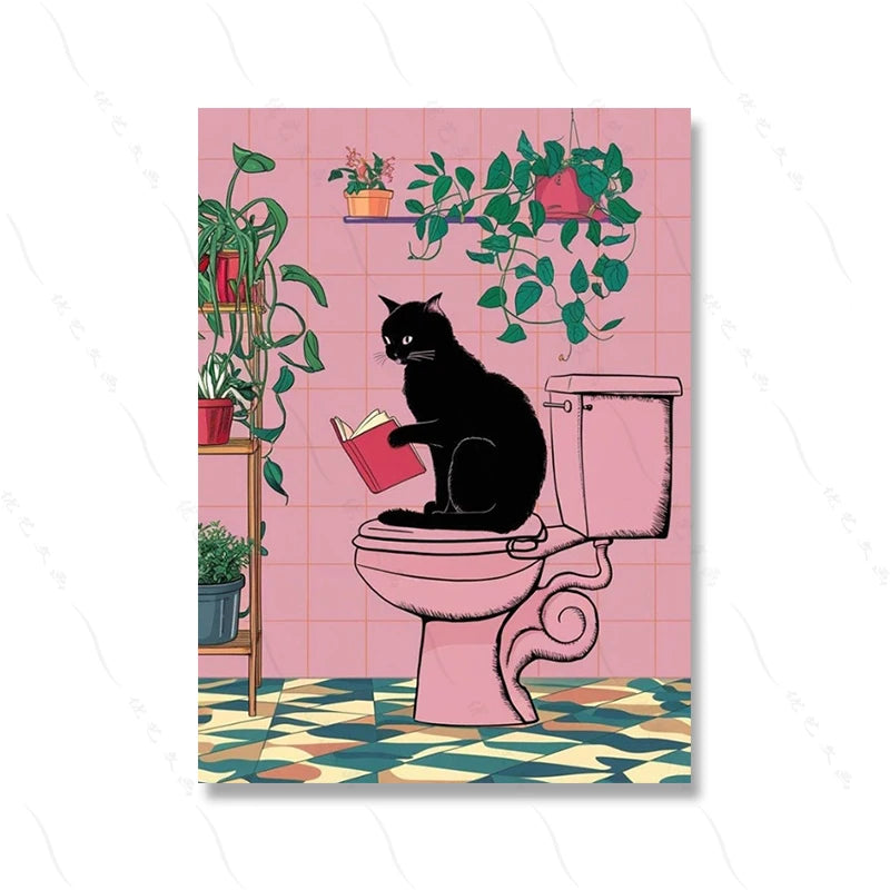 Funny Black Cat Bathroom Art Print