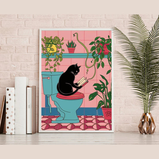 Funny Black Cat Bathroom Art Print