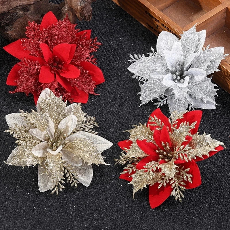 Glitter Christmas Flowers - 14cm Decor