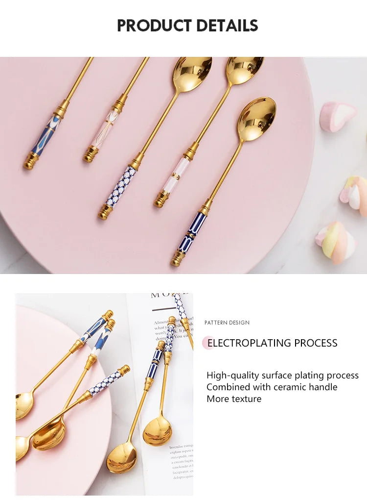 Gold Ceramic Handle Dessert Spoon