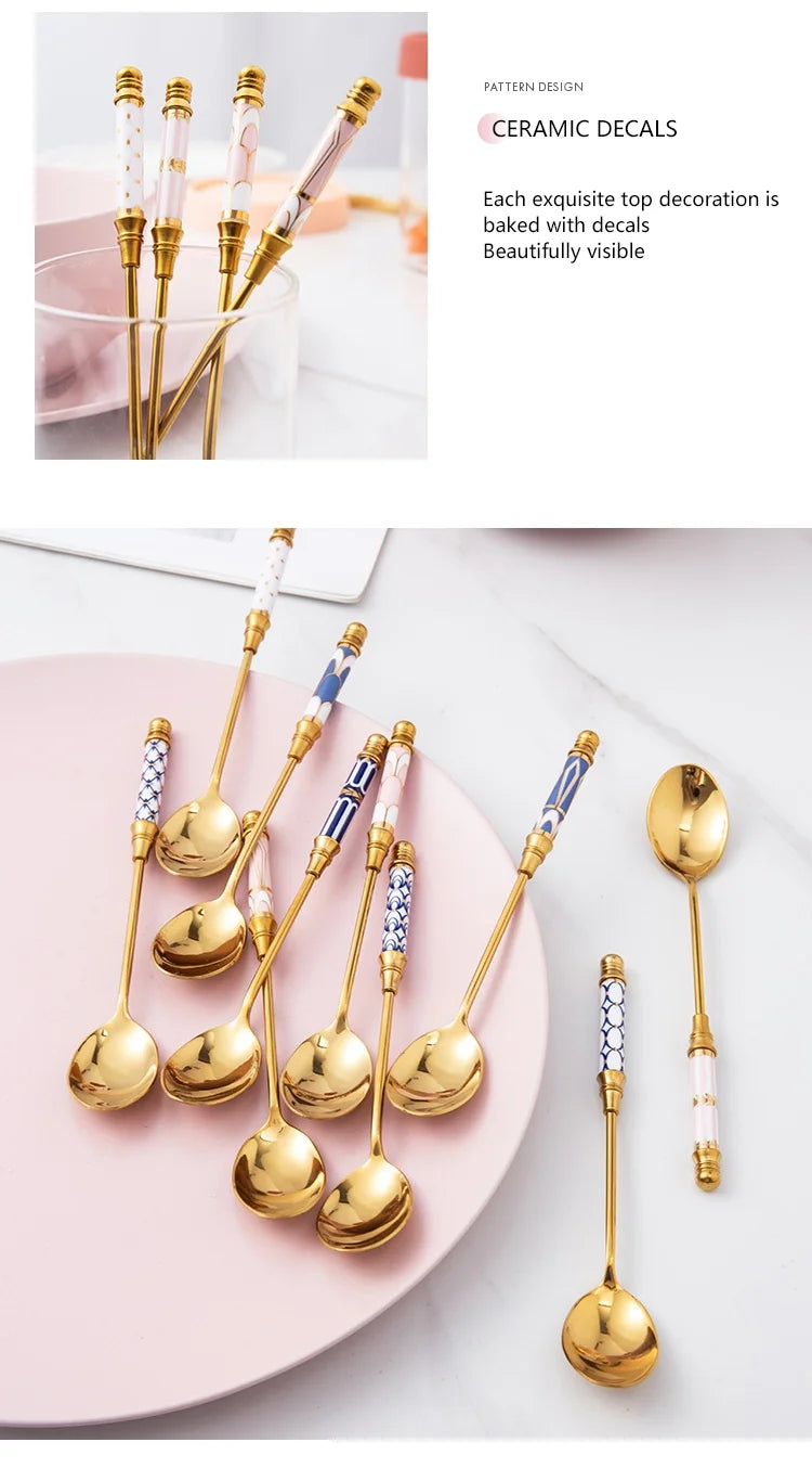 Gold Ceramic Handle Dessert Spoon