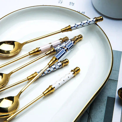 Gold Ceramic Handle Dessert Spoon